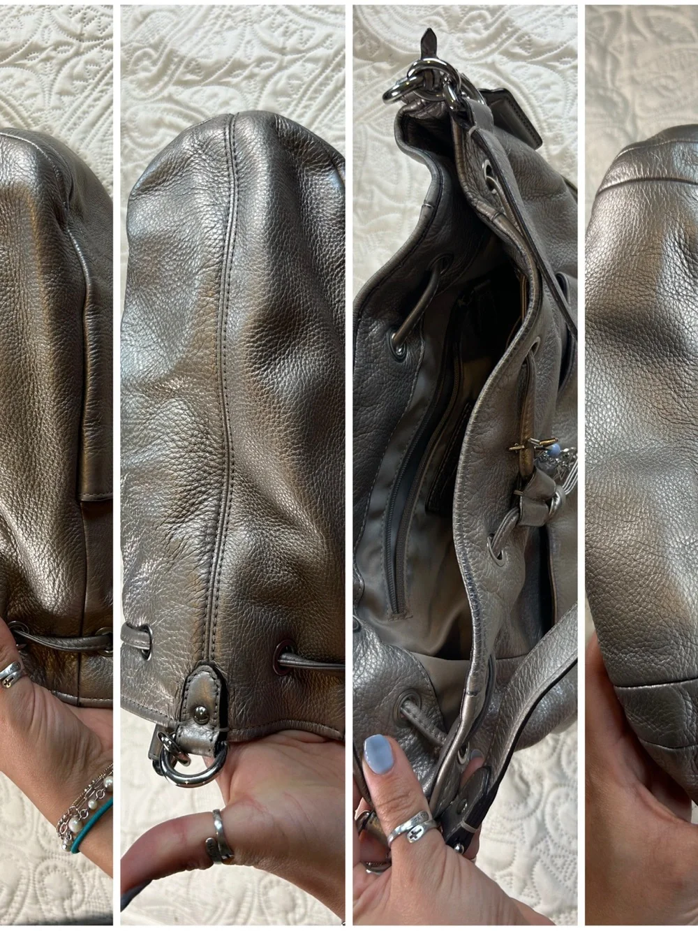 Coach Metallic Silver Drawstring Bucket Bag